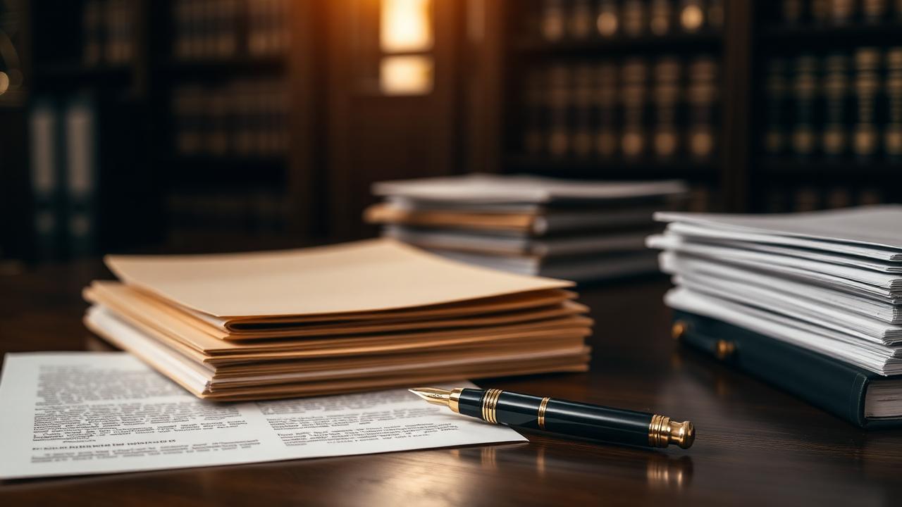 Legal documents and a fountain pen on a dark wood desk