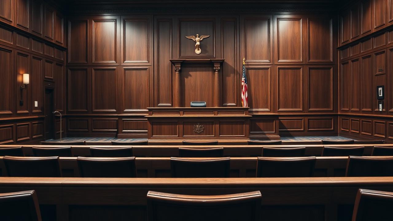 Empty wood-paneled courtroom with the judge's bench