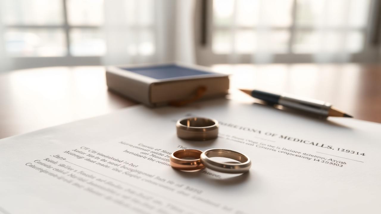 Two wedding rings resting on legal paperwork