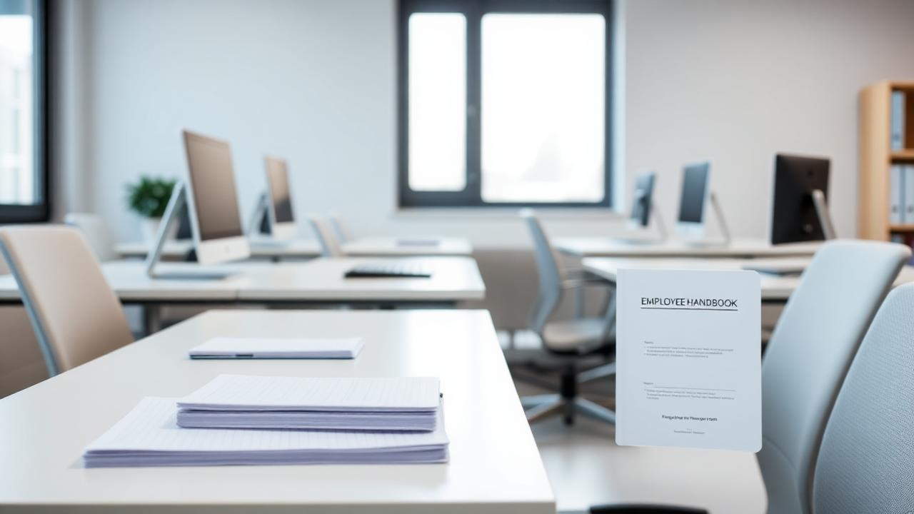 Empty office desks with notebooks and an employee handbook