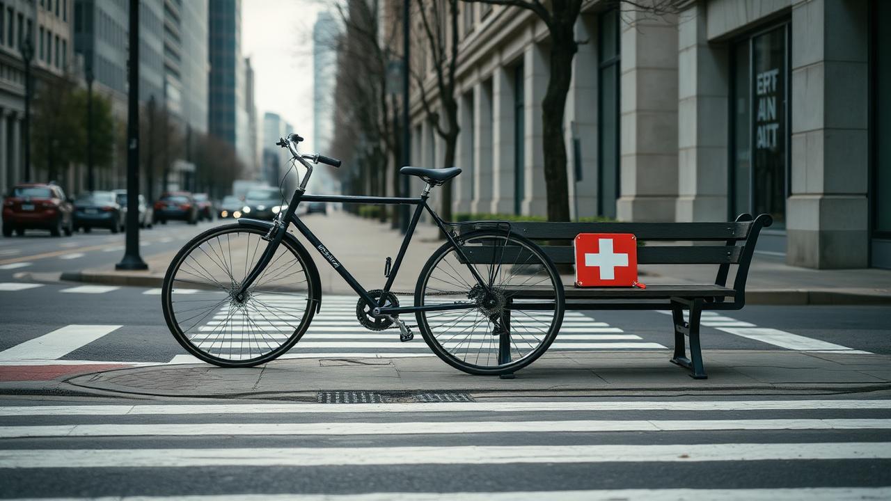 City crosswalk with a bicycle and a first aid kit resting on a bench